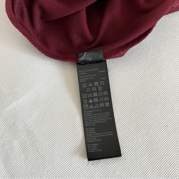 All Saints Jacket Gina Drape Open Front Long Sleeve Size XS-O Burgundy Marron - Picture 4 of 13